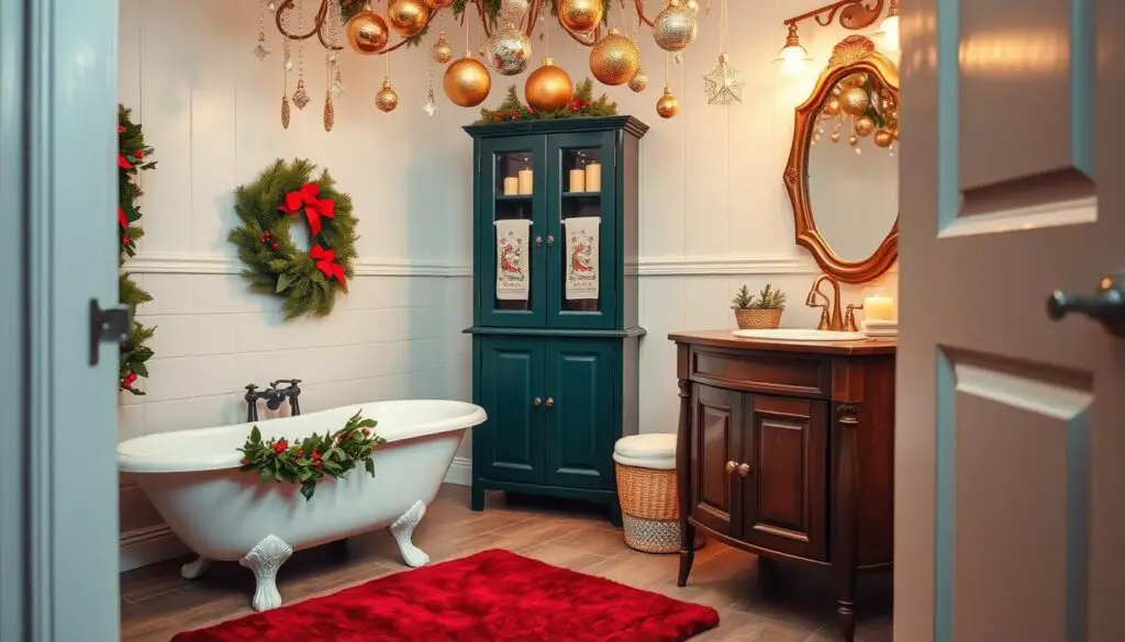 A festively decorated small bathroom with a warm, inviting atmosphere. The foreground features a plush red bath rug, a porcelain claw-foot tub adorned with garlands of holly and mistletoe, and a wooden vanity topped with a vintage-style mirror framed in gold. In the middle ground, a wall-mounted cabinet in a deep forest green color holds scented candles and holiday-themed hand towels. The background showcases shimmering gold and silver ornaments hanging from the ceiling, casting a soft, twinkling glow across the space. Soft, diffused lighting illuminates the scene, creating a cozy, seasonal ambiance.