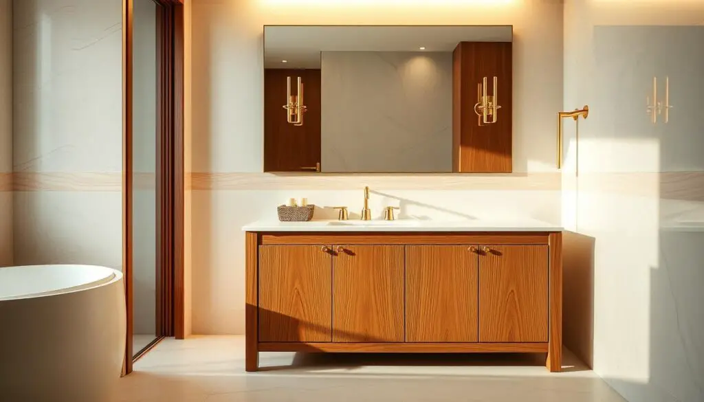A finely crafted wooden bathroom vanity stands elegantly in a well-lit, spa-like setting. The vanity's warm, natural tones complement the polished gold fixtures and marble countertop, creating a luxurious and inviting atmosphere. Soft, indirect lighting casts a gentle glow, highlighting the intricate wood grain and smooth, clean lines of the vanity design. The overall composition conveys a sense of refined, understated sophistication, perfectly capturing the essence of incorporating wood elements into a harmonious, gold-accented bathroom decor. A finely crafted wooden bathroom vanity stands elegantly in a well-lit, spa-like setting. The vanity's warm, natural tones complement the polished gold fixtures and marble countertop, creating a luxurious and inviting atmosphere. Soft, indirect lighting casts a gentle glow, highlighting the intricate wood grain and smooth, clean lines of the vanity design. The overall composition conveys a sense of refined, understated sophistication, perfectly capturing the essence of incorporating wood elements into a harmonious, gold-accented bathroom decor.