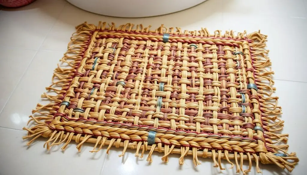 A handmade, artisanal bath mat made of natural woven fibers, with a mix of warm earth tones and metallic accents. The mat is placed on a light-colored tile floor, illuminated by soft, diffused lighting from above, creating a cozy, spa-like atmosphere. The weaving pattern is intricate and visually interesting, with subtle variations in texture and shading. The overall composition highlights the craftsmanship and personalized nature of the DIY project, making it a perfect fit for the "DIY Projects to Personalize Your Space" section of the article. A handmade, artisanal bath mat made of natural woven fibers, with a mix of warm earth tones and metallic accents. The mat is placed on a light-colored tile floor, illuminated by soft, diffused lighting from above, creating a cozy, spa-like atmosphere. The weaving pattern is intricate and visually interesting, with subtle variations in texture and shading. The overall composition highlights the craftsmanship and personalized nature of the DIY project, making it a perfect fit for the "DIY Projects to Personalize Your Space" section of the article.
