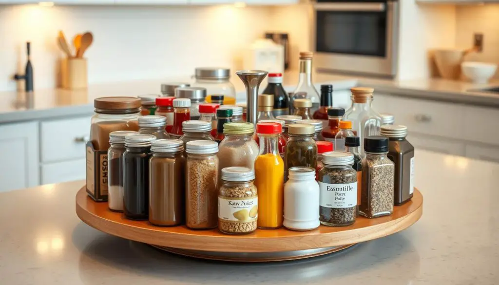 A lazy susan turntable, its surface gleaming with a pristine wood or laminate finish, sits atop a kitchen countertop. The turntable is filled with neatly organized jars, bottles, and containers, each holding essential cooking ingredients and spices. Soft, warm lighting from overhead fixtures casts a gentle glow, accentuating the practical and efficient arrangement of the lazy susan. The kitchen around it is clean and uncluttered, allowing the lazy susan to take center stage as a versatile and space-saving organizational tool, making it easy to access and utilize the stored items. A lazy susan turntable, its surface gleaming with a pristine wood or laminate finish, sits atop a kitchen countertop. The turntable is filled with neatly organized jars, bottles, and containers, each holding essential cooking ingredients and spices. Soft, warm lighting from overhead fixtures casts a gentle glow, accentuating the practical and efficient arrangement of the lazy susan. The kitchen around it is clean and uncluttered, allowing the lazy susan to take center stage as a versatile and space-saving organizational tool, making it easy to access and utilize the stored items.