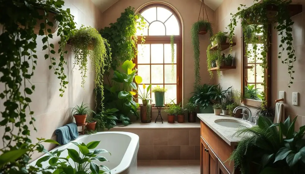A lush, verdant bathroom oasis with a mix of potted plants, trailing vines, and vibrant foliage. Cascading philodendrons, ferns, and succulents adorn the shelves, countertops, and windowsills, creating a serene, nature-inspired atmosphere. Soft, diffused lighting filters through the large, arched window, casting a warm glow on the earthy tones of the natural stone tiles and wooden accents. The scene is captured from a low angle, emphasizing the abundance of greenery and the tranquil, spa-like ambiance of the space. A lush, verdant bathroom oasis with a mix of potted plants, trailing vines, and vibrant foliage. Cascading philodendrons, ferns, and succulents adorn the shelves, countertops, and windowsills, creating a serene, nature-inspired atmosphere. Soft, diffused lighting filters through the large, arched window, casting a warm glow on the earthy tones of the natural stone tiles and wooden accents. The scene is captured from a low angle, emphasizing the abundance of greenery and the tranquil, spa-like ambiance of the space.