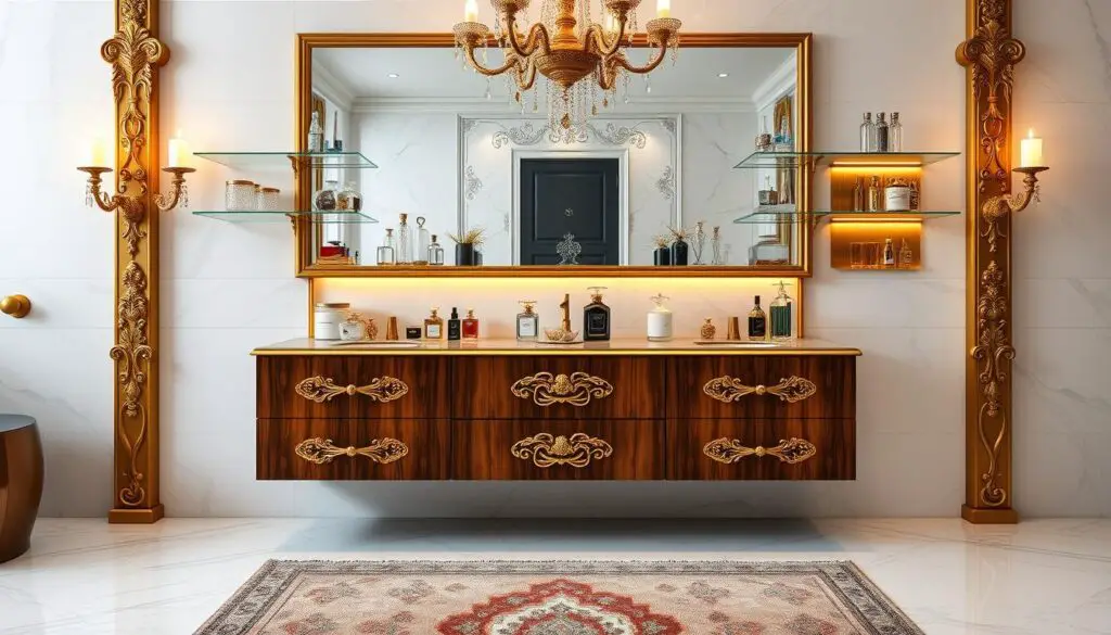 A luxurious bathroom vanity with a sleek golden frame, adorned with intricate baroque carvings. Floating glass shelves and drawers in a rich brown wood grain, holding an array of elegant glass jars and perfume bottles. Soft, warm lighting from sconces and a central chandelier casts a gentle glow, highlighting the gilded accents. The vanity is set against a backdrop of white marble tiles, with a large, frameless mirror reflecting the opulent scene. A plush, patterned rug in earthy tones completes the sumptuous atmosphere, creating a stunning storage solution that elevates the bathroom's decor. A luxurious bathroom vanity with a sleek golden frame, adorned with intricate baroque carvings. Floating glass shelves and drawers in a rich brown wood grain, holding an array of elegant glass jars and perfume bottles. Soft, warm lighting from sconces and a central chandelier casts a gentle glow, highlighting the gilded accents. The vanity is set against a backdrop of white marble tiles, with a large, frameless mirror reflecting the opulent scene. A plush, patterned rug in earthy tones completes the sumptuous atmosphere, creating a stunning storage solution that elevates the bathroom's decor.