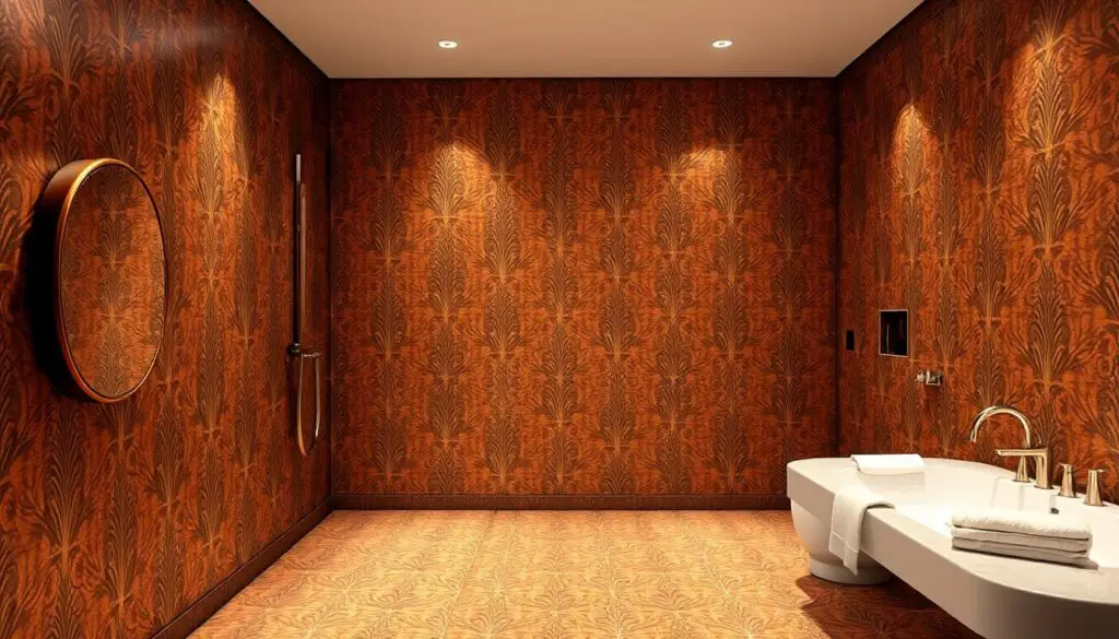 A luxurious brown and gold bathroom with a stunning, intricate pattern adorning the walls. Elegant, geometric designs in a warm, metallic color scheme create a sophisticated, spa-like ambiance. Soft, diffused lighting casts a gentle glow, accentuating the subtle textures and lustrous finishes. The pattern seamlessly transitions from the walls to the floor, unifying the space in a cohesive, visually striking display. Accessories in complementary hues, such as plush towels and a gleaming faucet, complete the elegant, high-end aesthetic. A luxurious brown and gold bathroom with a stunning, intricate pattern adorning the walls. Elegant, geometric designs in a warm, metallic color scheme create a sophisticated, spa-like ambiance. Soft, diffused lighting casts a gentle glow, accentuating the subtle textures and lustrous finishes. The pattern seamlessly transitions from the walls to the floor, unifying the space in a cohesive, visually striking display. Accessories in complementary hues, such as plush towels and a gleaming faucet, complete the elegant, high-end aesthetic.