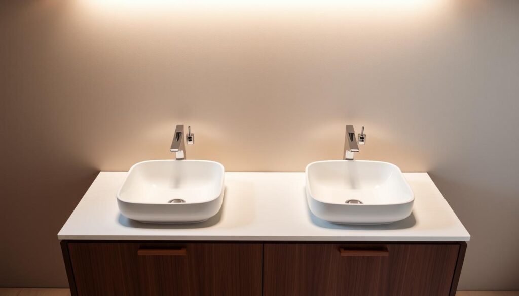 A luxurious double sink vanity with sleek and modern design, featuring a pair of stylish ceramic sinks set into a smooth, marble-like countertop. The vanity cabinet is crafted from rich, dark wood, with minimalist hardware and clean lines. Soft, diffused lighting from above casts a warm, inviting glow across the scene, creating a spa-like atmosphere. The vanity is positioned against a neutral, textured wall, allowing the elegant, statement piece to take center stage. The overall look is sophisticated, harmonious, and visually striking, perfectly suited for a high-end bathroom design.