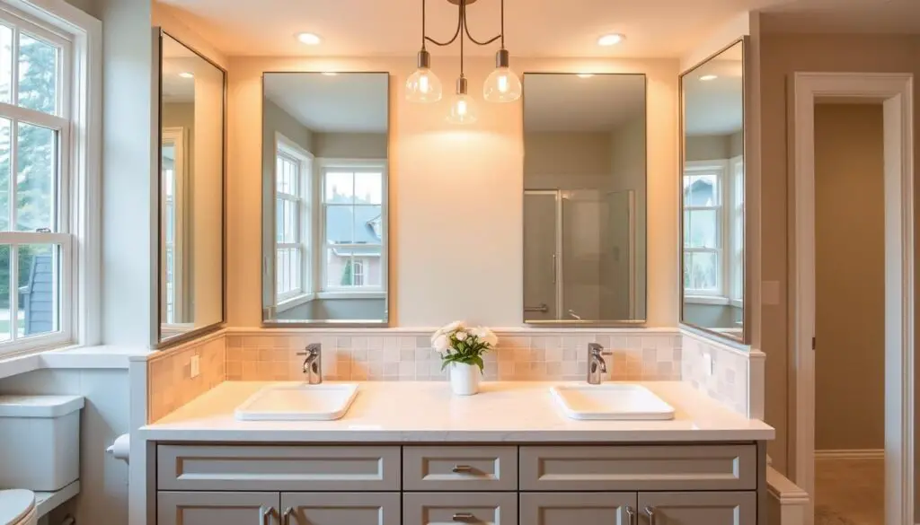 A luxurious double vanity bathroom with warm, soft lighting illuminating the space. The vanity features two ceramic sinks with modern chrome faucets, set against a tiled backsplash. Overhead, a trio of minimalist pendant lights cast a gentle glow, creating a cozy and inviting atmosphere. The room is filled with natural light from large windows, complemented by the subtle reflection in the mirror-fronted medicine cabinets. The floors are covered in a neutral, high-quality tile, tying the entire design together seamlessly.