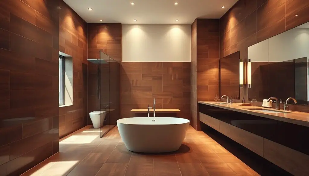 A luxurious, spa-like bathroom with a striking, contemporary design. The focal point is the rich, brown tiles that cover the walls, creating a warm and inviting ambiance. The tiles have a subtle, natural pattern that adds depth and texture to the space. The bathroom features a large, freestanding bathtub, positioned in the center of the room, surrounded by a sleek, glass enclosure. Soft, indirect lighting from recessed fixtures and wall sconces casts a gentle glow, enhancing the luxurious atmosphere. The bathroom also includes a spacious, double vanity with modern fixtures and a generous, frameless mirror that reflects the natural light. The overall effect is one of sophisticated elegance and relaxation. A luxurious, spa-like bathroom with a striking, contemporary design. The focal point is the rich, brown tiles that cover the walls, creating a warm and inviting ambiance. The tiles have a subtle, natural pattern that adds depth and texture to the space. The bathroom features a large, freestanding bathtub, positioned in the center of the room, surrounded by a sleek, glass enclosure. Soft, indirect lighting from recessed fixtures and wall sconces casts a gentle glow, enhancing the luxurious atmosphere. The bathroom also includes a spacious, double vanity with modern fixtures and a generous, frameless mirror that reflects the natural light. The overall effect is one of sophisticated elegance and relaxation.