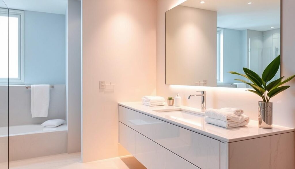 A luxurious, spa-like vanity in a serene, airy bathroom. The vanity top is a sleek, marble-like surface with clean lines and a minimalist design. Soft, indirect lighting casts a warm glow, creating a relaxing ambiance. A large, frameless mirror dominates the space, reflecting the natural light from the nearby window. Glass jars and minimal decor add subtle sophistication. Plush, white towels and a potted plant complete the tranquil, high-end atmosphere. The overall scene evokes a sense of pampering and indulgence, perfect for a rejuvenating bathroom retreat.