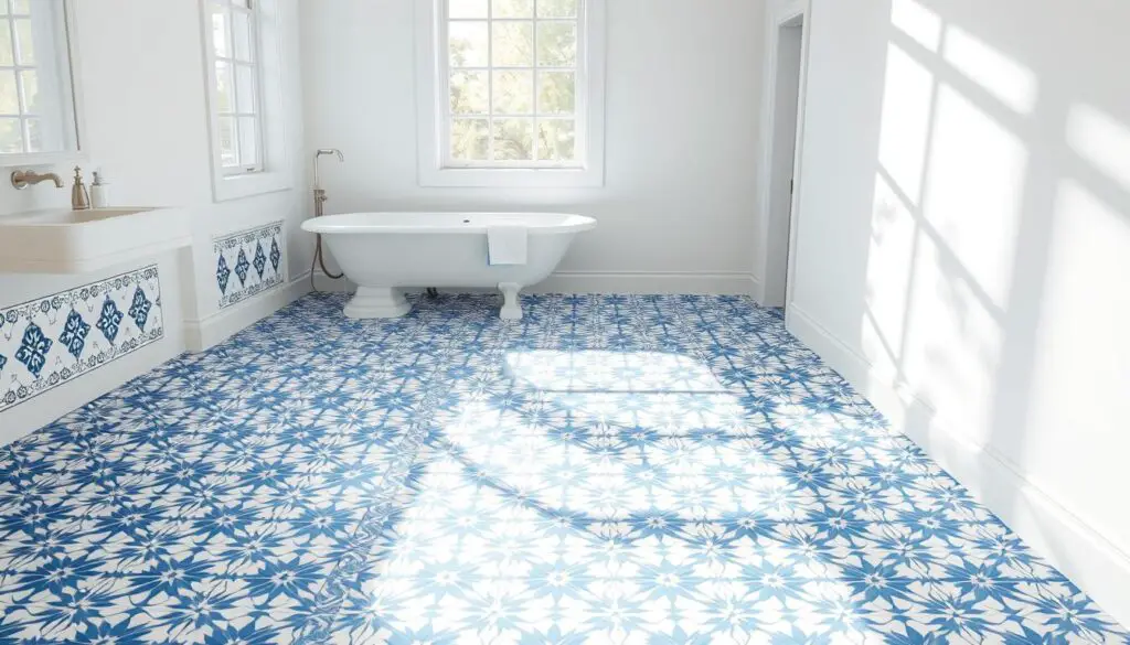 A meticulously detailed bathroom interior, flooded with soft, diffused natural light filtering through wide windows. The floor is covered in a classic blue and white tile pattern, featuring intricate geometric designs that create a visually striking and harmonious composition. The tiles are arranged in a repeating, symmetrical layout, adding a sense of order and balance to the space. The walls are painted in a crisp, clean white, providing a perfect backdrop to showcase the beauty of the patterned floor. Subtle textures and shadows add depth and dimension to the scene, creating a serene and inviting atmosphere perfect for the "Utilizing Patterns in Blue and White" section of the article. A meticulously detailed bathroom interior, flooded with soft, diffused natural light filtering through wide windows. The floor is covered in a classic blue and white tile pattern, featuring intricate geometric designs that create a visually striking and harmonious composition. The tiles are arranged in a repeating, symmetrical layout, adding a sense of order and balance to the space. The walls are painted in a crisp, clean white, providing a perfect backdrop to showcase the beauty of the patterned floor. Subtle textures and shadows add depth and dimension to the scene, creating a serene and inviting atmosphere perfect for the "Utilizing Patterns in Blue and White" section of the article.