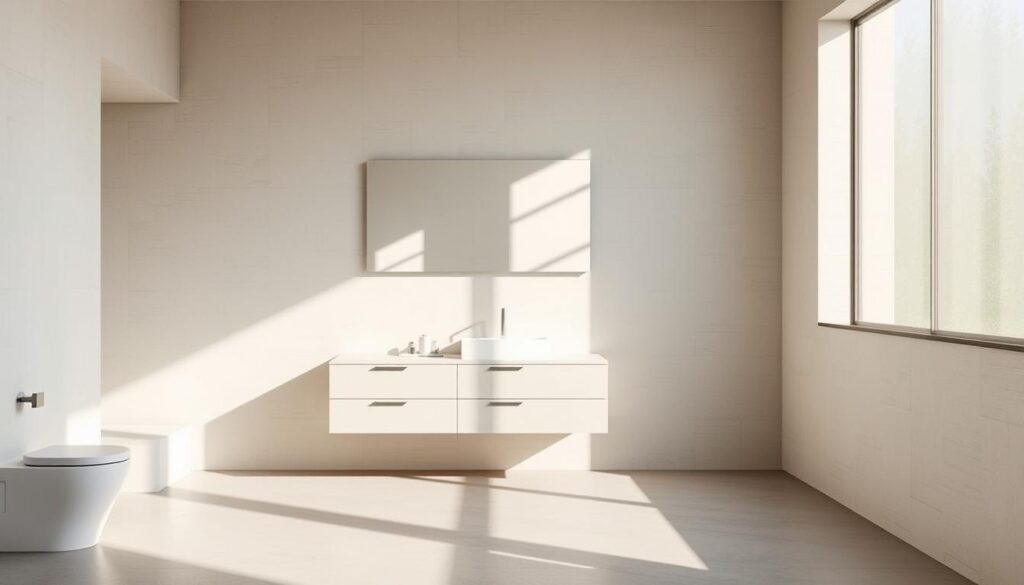 A minimalist bathroom design with clean, sleek lines and a focus on simplicity. The scene depicts a spacious, well-lit bathroom featuring a large, rectangular mirror above a floating vanity with minimalist fixtures. The walls are adorned with subtle, textured tiles in a muted, neutral color palette, complementing the overall serene and calming atmosphere. The room is bathed in soft, natural lighting streaming through a large window, casting gentle shadows and highlighting the essential elements. The floor is covered in smooth, polished concrete, adding to the sense of understated elegance. The overall impression is one of tranquility, order, and a refined aesthetic.
