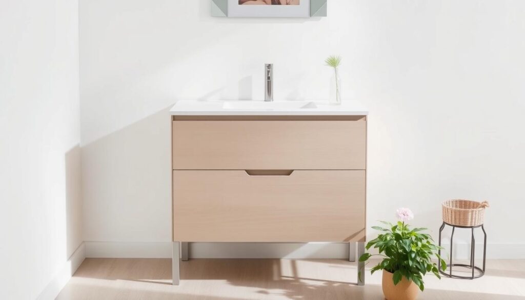 A minimalist bathroom vanity in a bright, airy space. The vanity has clean lines, sleek drawers, and a simple, rectangular sink. The faucet is a modern, brushed metal design. Soft, diffused lighting illuminates the scene, creating a serene and uncluttered atmosphere. The vanity is placed against a white wall, with a small mirror or artwork above it. The floor is a light, natural-looking tile or wood. Potted plants or a small vase of flowers add a touch of greenery, complementing the minimalist aesthetic. A minimalist bathroom vanity in a bright, airy space. The vanity has clean lines, sleek drawers, and a simple, rectangular sink. The faucet is a modern, brushed metal design. Soft, diffused lighting illuminates the scene, creating a serene and uncluttered atmosphere. The vanity is placed against a white wall, with a small mirror or artwork above it. The floor is a light, natural-looking tile or wood. Potted plants or a small vase of flowers add a touch of greenery, complementing the minimalist aesthetic.