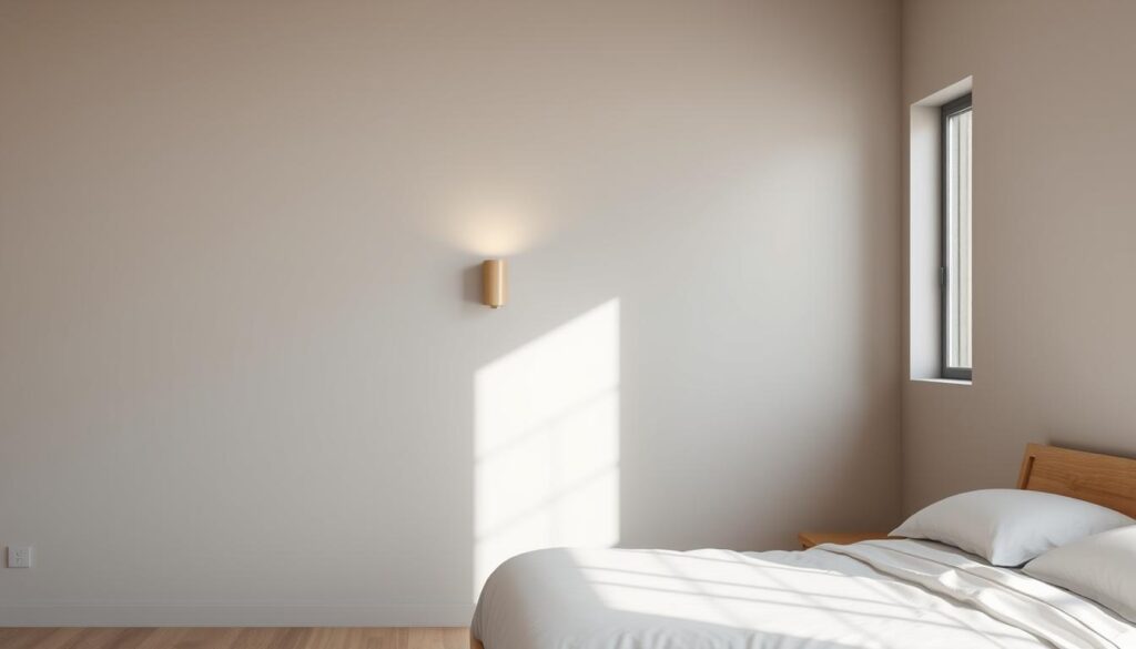 A minimalist bedroom design with a tranquil color palette. In the foreground, a muted gray or beige wall serves as a calming backdrop. On the middle-ground, a simple wooden bed frame in a light oak tone, complemented by crisp white bedding. Soft, diffused lighting from a wall-mounted sconce casts a warm glow, creating a cozy, relaxing atmosphere. In the background, a large window allows natural light to flood the space, casting subtle shadows and highlights. The overall mood is one of understated elegance, inviting relaxation and rest.