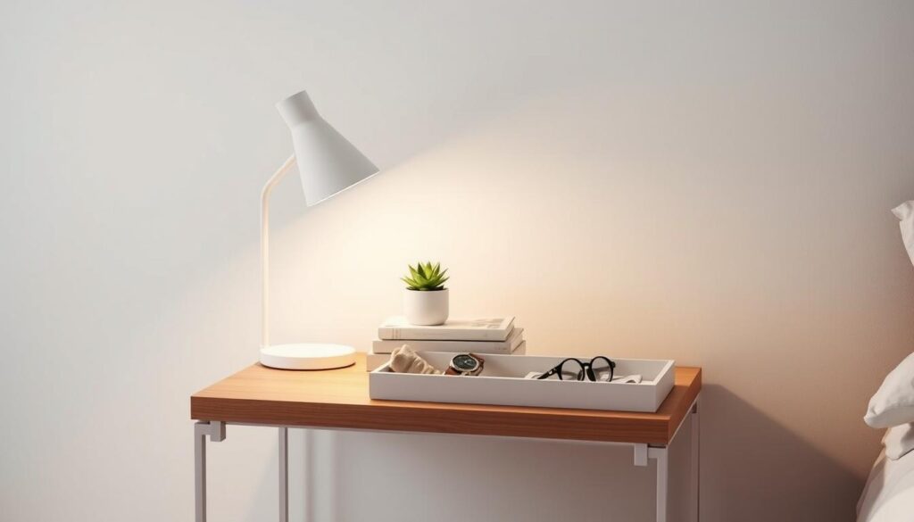 A minimalist bedside table with a wooden top and slim metal frame. On the surface, a simple white lamp with a soft glow illuminates a stack of books, a small potted plant, and a neatly organized tray holding a pair of reading glasses, a wristwatch, and a few essential items. The table sits against a pale gray wall, with a large window in the background letting in natural light and casting a warm, diffused ambiance. The overall scene conveys a sense of tranquility and intentional organization, showcasing efficient bedside storage and decor.