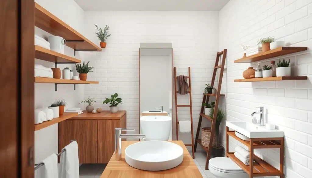A minimalist small bathroom interior with clean, bright lighting, focusing on shelving and storage solutions. A wooden vanity and sink in the foreground, with floating shelves above showcasing neatly arranged toiletries, towels, and decorative plants. The middle ground features a sleek mirrored cabinet and a ladder-style shelving unit, efficiently utilizing vertical space. The background has white subway tile walls and a simple, muted color palette, creating a calming, spa-like atmosphere. The overall composition emphasizes organization, functionality, and a sense of openness in the limited space.