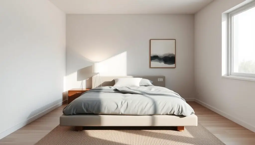 A minimalist yet stylish small bedroom with clean lines and a neutral color palette. The room features a low-profile platform bed with a plush, gray bedding set. Atop the bed, a single throw pillow in a soft, textured fabric adds a touch of warmth. In the corner, a sleek, wooden nightstand holds a simple, white table lamp, casting a gentle glow. The walls are adorned with a single, abstract art piece in muted tones, complementing the overall serene atmosphere. Natural light filters in through a large window, illuminating the space and creating a calming, airy ambiance. The floors are covered in a neutral, woven area rug, tying the room together. The overall effect is one of understated elegance and refined simplicity. A minimalist yet stylish small bedroom with clean lines and a neutral color palette. The room features a low-profile platform bed with a plush, gray bedding set. Atop the bed, a single throw pillow in a soft, textured fabric adds a touch of warmth. In the corner, a sleek, wooden nightstand holds a simple, white table lamp, casting a gentle glow. The walls are adorned with a single, abstract art piece in muted tones, complementing the overall serene atmosphere. Natural light filters in through a large window, illuminating the space and creating a calming, airy ambiance. The floors are covered in a neutral, woven area rug, tying the room together. The overall effect is one of understated elegance and refined simplicity.