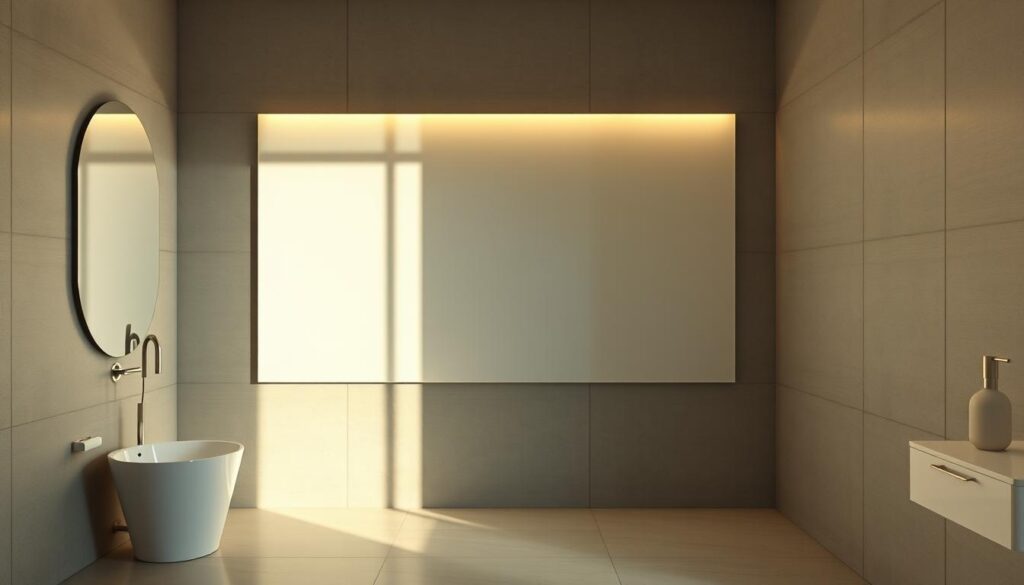 A modern and minimalist bathroom wall art with a sleek, geometric design. Crisp, clean lines and a neutral color palette create a sophisticated, elegant atmosphere. The artwork features a bold, abstract pattern that plays with light and shadow, casting a soft, ambient glow across the smooth, tiled walls. The composition is well-balanced, with a harmonious interplay of shapes and negative space. Captured with a wide-angle lens to showcase the full breadth of the artwork, the scene is illuminated by warm, natural lighting that enhances the depth and texture of the piece. An inspiring, contemporary accent that seamlessly integrates with the minimalist, spa-like ambiance of the modern bathroom.