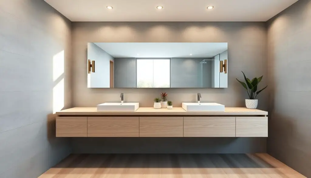 A modern double sink bathroom with sleek, minimalist design. The focal point is the two rectangular white porcelain sinks embedded in a long, floating vanity made of light wood. Overhead, a large mirror extends the full width of the vanity, reflecting the natural light from the large window. The walls are covered in smooth, grey tiles that create a serene, spa-like atmosphere. Recessed lighting in the ceiling casts a warm glow, while a pair of modern sconces flanking the mirror provide additional illumination. The floor is covered in light-colored wood-look tiles. Subtle, geometric-patterned towels and potted plants add touches of color and texture.