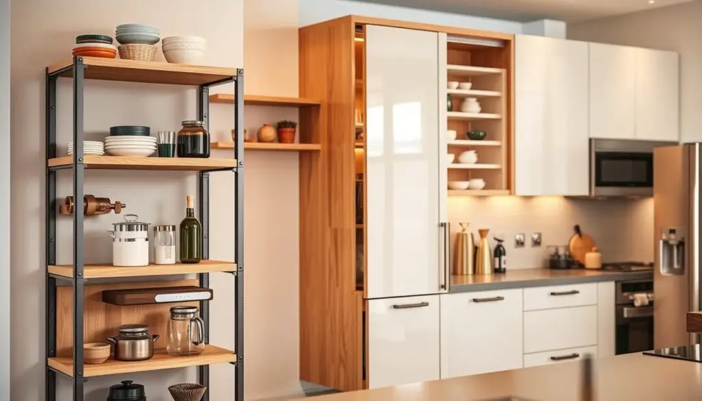 A modern kitchen interior with a focus on creative storage solutions. In the foreground, a modular shelving unit made of natural wood and industrial-style metal accents, showcasing a variety of kitchen essentials and decor pieces. In the middle ground, a tall cabinet with sliding doors reveals hidden storage compartments and unique organization systems. The background features a minimalist backsplash and sleek appliances, casting a warm, well-lit atmosphere. The overall composition emphasizes the effective use of vertical space and unconventional furniture pieces to maximize storage in a small kitchen. A modern kitchen interior with a focus on creative storage solutions. In the foreground, a modular shelving unit made of natural wood and industrial-style metal accents, showcasing a variety of kitchen essentials and decor pieces. In the middle ground, a tall cabinet with sliding doors reveals hidden storage compartments and unique organization systems. The background features a minimalist backsplash and sleek appliances, casting a warm, well-lit atmosphere. The overall composition emphasizes the effective use of vertical space and unconventional furniture pieces to maximize storage in a small kitchen.