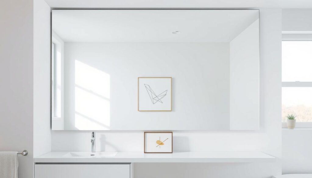 A modern, minimalist bathroom wall featuring a large, frameless mirror that takes up most of the space. The mirror reflects the natural light streaming in through a nearby window, creating a bright and airy atmosphere. In the foreground, there is a simple but stylish wall art piece, perhaps a geometric design or an abstract painting, that complements the clean, contemporary aesthetic of the bathroom. The lighting is soft and diffused, creating a calming and relaxing ambiance. The overall composition emphasizes the use of the mirror to enhance the sense of space and create a visually appealing, yet functional, bathroom environment.