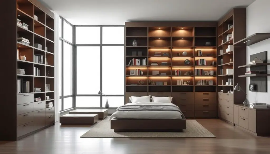 A modern, minimalist bedroom with a focus on vertical storage solutions. In the foreground, a sleek, floor-to-ceiling wall unit with ample shelving, drawers, and compartments, providing ample space for books, decor, and personal items. The shelves are illuminated by subtle, recessed lighting, creating a warm, inviting atmosphere. In the middle ground, a simple, low-profile bed with crisp, white linens, flanked by matching nightstands with minimalist lamps. The background features a large window, allowing natural light to flood the space and create a sense of openness and airiness. The overall palette is muted, with a focus on clean lines and efficient use of space, reflecting the "Maximize Vertical Space with Shelving" theme.