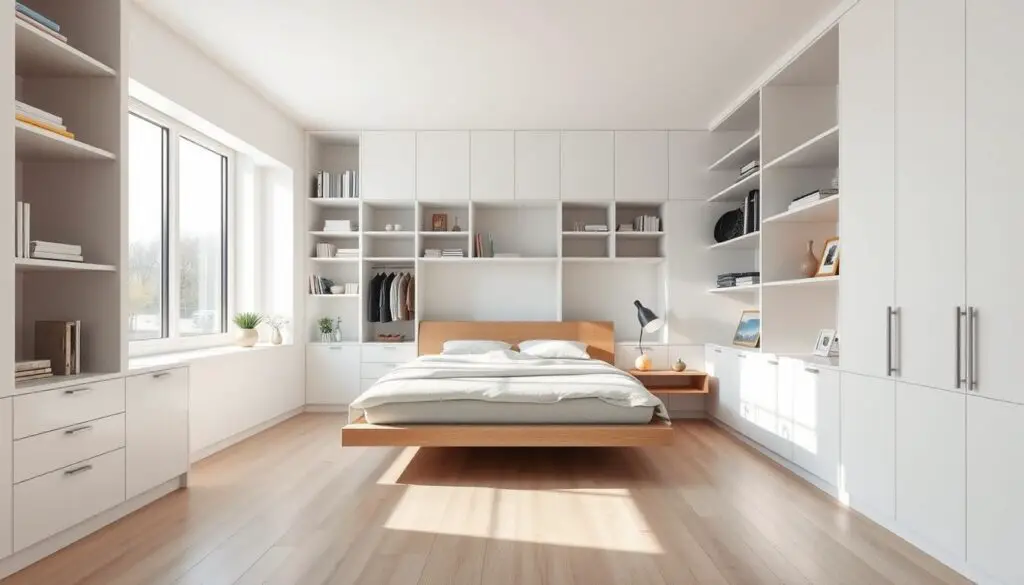 A modern, minimalist bedroom with built-in shelving and storage units maximizing vertical space. Sleek, white lacquered cabinetry and floating shelves line the walls, providing ample storage for clothes, books, and decor. Daylight streams through large windows, casting a warm glow on the pale wood floor. A low-profile platform bed with hidden drawers and a suspended nightstand complete the space-saving layout. The room exudes a serene, uncluttered atmosphere, demonstrating how efficient design can transform a compact bedroom into a tranquil, functional oasis. A modern, minimalist bedroom with built-in shelving and storage units maximizing vertical space. Sleek, white lacquered cabinetry and floating shelves line the walls, providing ample storage for clothes, books, and decor. Daylight streams through large windows, casting a warm glow on the pale wood floor. A low-profile platform bed with hidden drawers and a suspended nightstand complete the space-saving layout. The room exudes a serene, uncluttered atmosphere, demonstrating how efficient design can transform a compact bedroom into a tranquil, functional oasis.