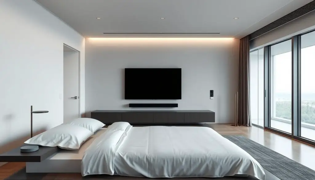A modern, minimalist bedroom with sleek, high-tech gadgets and smart home integrations. In the foreground, a low-profile platform bed with crisp, white linens and a floating nightstand with a voice-controlled smart lamp. In the middle ground, a large, frameless smart TV mounted on the wall, with a discreet sound bar underneath. The background features floor-to-ceiling windows, allowing natural light to flood the space, and a subtle, ambient lighting system that can be controlled by a touchpad on the wall. The overall atmosphere is one of streamlined sophistication, where form and function seamlessly blend, creating a tranquil, technology-enhanced oasis.