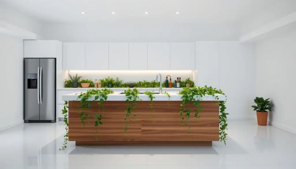 A modern, minimalist kitchen island design with a sleek, white countertop and a wooden base. The island is adorned with lush, cascading greenery, creating a natural and refreshing ambiance. The lighting is bright and even, highlighting the clean lines and textures of the design. The camera angle is slightly elevated, capturing the island's functional layout and the seamless integration of the greenery. The overall mood is one of serenity and sophistication, inviting the viewer to imagine the island as the focal point of a small, well-designed kitchen.