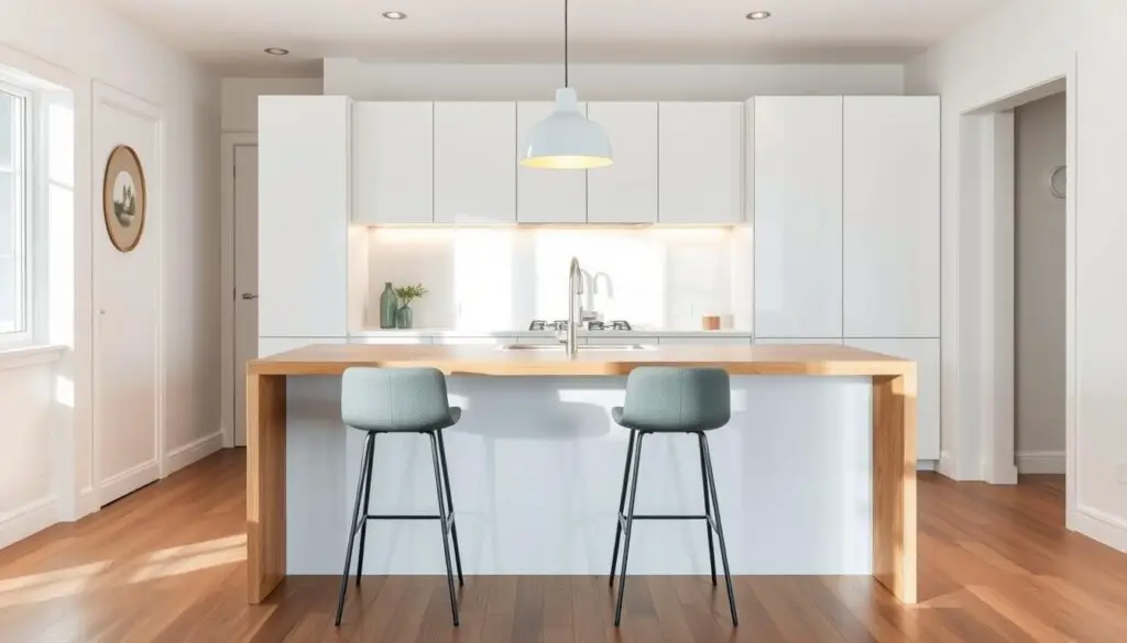 A modern, minimalist kitchen island with a sleek, wooden countertop, clean lines, and a single pendant light casting a warm glow. The island is positioned in a small, airy kitchen with white walls and hardwood floors, creating a bright and inviting atmosphere. The island features a pair of low-profile, upholstered barstools for casual seating, complementing the overall design aesthetic. Crisp shadows and soft highlights enhance the depth and texture of the materials, resulting in a visually striking and functional layout idea for a small kitchen space.