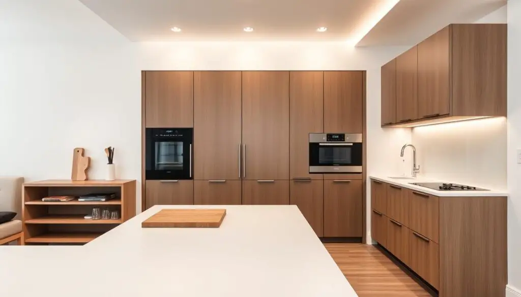 A modern, minimalist kitchen with sleek, multi-functional furniture. In the foreground, a stylish kitchen island with built-in shelves and drawers, providing ample storage and workspace. Atop the island, a cutting board and a few kitchen utensils, creating a lived-in, functional aesthetic. In the middle ground, a multifunctional cabinet with sliding doors, concealing a compact oven and a microwave, seamlessly integrated into the design. Warm, indirect lighting from recessed ceiling fixtures casts a soft glow, accentuating the clean lines and neutral color palette of the space. The background features a plain, white wall, allowing the focus to remain on the versatile, space-saving furniture pieces. A modern, minimalist kitchen with sleek, multi-functional furniture. In the foreground, a stylish kitchen island with built-in shelves and drawers, providing ample storage and workspace. Atop the island, a cutting board and a few kitchen utensils, creating a lived-in, functional aesthetic. In the middle ground, a multifunctional cabinet with sliding doors, concealing a compact oven and a microwave, seamlessly integrated into the design. Warm, indirect lighting from recessed ceiling fixtures casts a soft glow, accentuating the clean lines and neutral color palette of the space. The background features a plain, white wall, allowing the focus to remain on the versatile, space-saving furniture pieces.