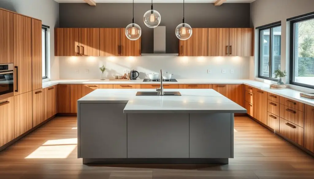 A modern, multifunctional kitchen island with a sleek, minimalist design. The island features a large, smooth marble or quartz countertop with ample workspace, and a built-in sink and cooktop for efficient food preparation. The middle section has a raised breakfast bar or overhang, providing seating for casual dining. Elegant pendant lights hang above, casting a warm, ambient glow. The island is flanked by wooden cabinets and drawers for storage, creating a harmonious, well-designed kitchen layout. The scene is bathed in natural light from large windows, giving the space an airy, inviting atmosphere.