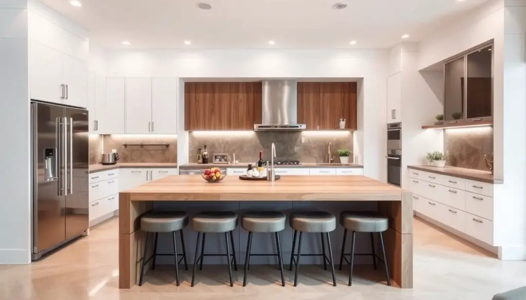 A modern, multifunctional kitchen island with a sleek, minimalist design. The island features a large, solid wood countertop that seamlessly transitions into a built-in seating area, with plush, upholstered stools arranged around it. Soft, indirect lighting emanates from recessed fixtures, creating a warm and cozy atmosphere. The island's clean lines and neutral color palette are complemented by the surrounding white cabinetry and stainless-steel appliances, resulting in a cohesive and harmonious kitchen layout. The scene is captured from a slightly elevated angle, highlighting the island's central role in the space and emphasizing its functionality and versatility.