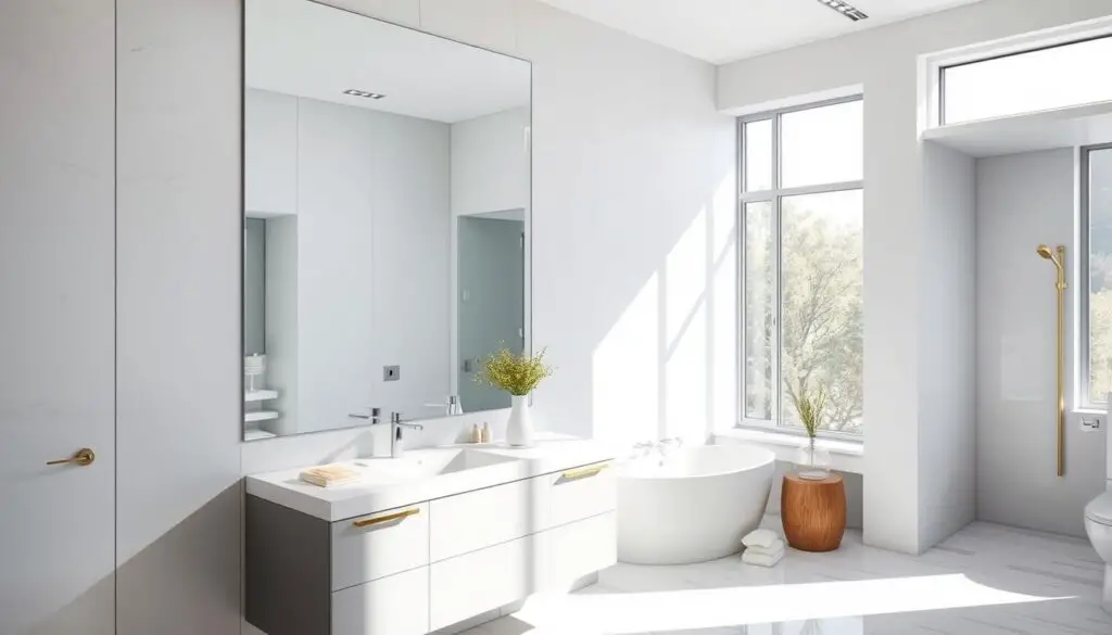 A modern, well-lit bathroom with a large, frameless mirror taking center stage. The mirror reflects the bright, natural light streaming in through the tall windows, creating a sense of openness and airiness. The vanity unit below is sleek and minimalist, with clean lines and a neutral color palette that complements the overall decor. Subtle brass accents add a touch of warmth, while the monochrome tile flooring and walls provide a contemporary, cohesive backdrop. The space exudes a harmonious, spa-like ambiance, perfect for enhancing the sense of space and elevating the overall aesthetic. A modern, well-lit bathroom with a large, frameless mirror taking center stage. The mirror reflects the bright, natural light streaming in through the tall windows, creating a sense of openness and airiness. The vanity unit below is sleek and minimalist, with clean lines and a neutral color palette that complements the overall decor. Subtle brass accents add a touch of warmth, while the monochrome tile flooring and walls provide a contemporary, cohesive backdrop. The space exudes a harmonious, spa-like ambiance, perfect for enhancing the sense of space and elevating the overall aesthetic.