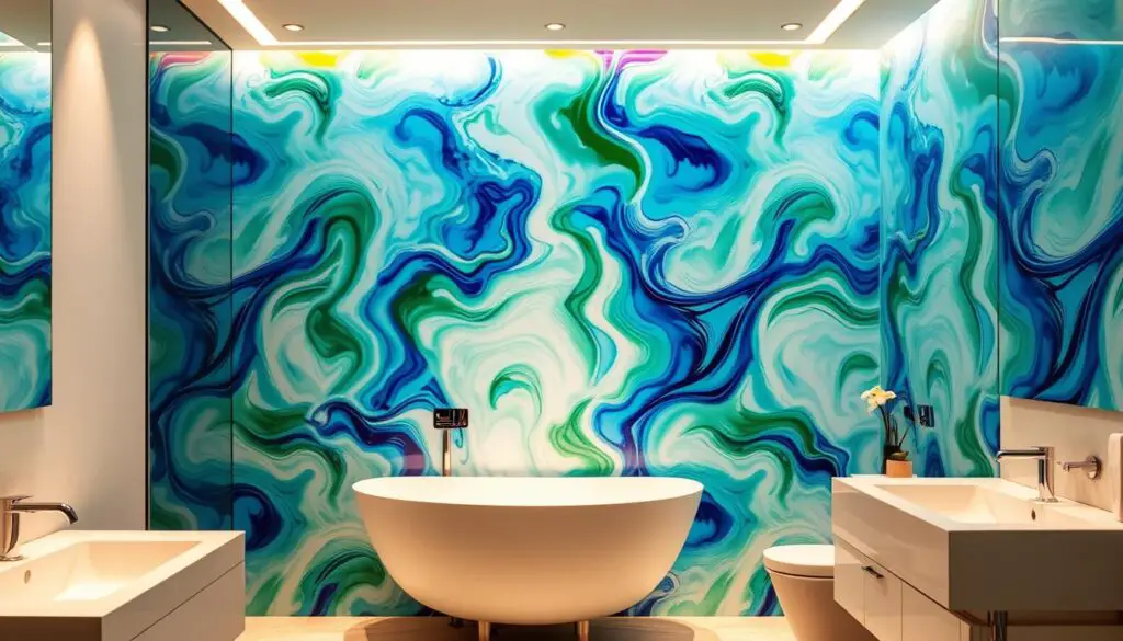 A modern, well-lit bathroom with an elegant accent wall. The wall features a vibrant, abstract pattern in hues of blue, green, and white, creating a visually striking and calming atmosphere. The pattern is composed of fluid, organic shapes that flow seamlessly across the surface, adding depth and interest. The lighting is soft and diffused, casting a warm glow that highlights the textural quality of the wall decor. The overall composition is balanced and harmonious, inviting the viewer to imagine this serene, spa-like space as the perfect backdrop for relaxation and self-care.