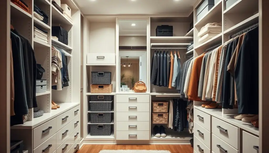 A neatly organized and well-lit closet interior. The foreground showcases a variety of storage solutions, such as shelves, drawers, and hanging rods, all meticulously arranged to maximize space and efficiency. In the middle ground, stylish containers, baskets, and labeled bins hold folded clothes, accessories, and other items. The background features a neutral-toned wall with a full-length mirror, creating a sense of depth and elegance. The lighting is soft and even, highlighting the orderly and visually appealing nature of the closet space. The overall mood is one of calm, control, and a heightened sense of organization, perfectly encapsulating the "Embrace Closet Organization Techniques" theme.