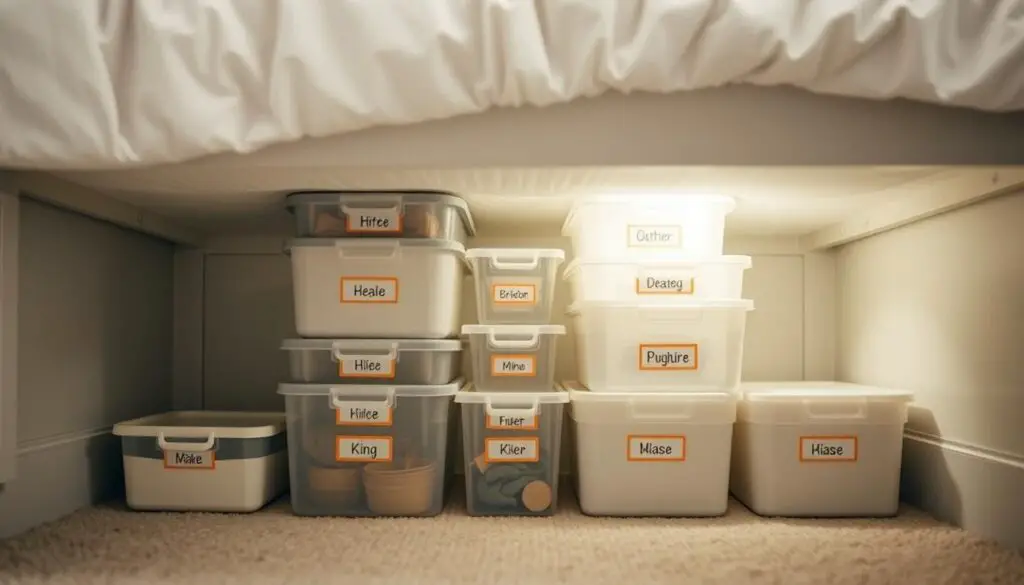 A neatly organized under-bed storage solution, showcasing a variety of labeled containers and boxes stacked in a visually appealing manner. The scene is illuminated by soft, diffused lighting, creating a cozy and inviting atmosphere. The arrangement emphasizes efficient utilization of the often overlooked space beneath the bed, with each container clearly labeled for easy identification and access. The overall composition conveys a sense of order and practicality, perfectly suited for a small bedroom setting. A neatly organized under-bed storage solution, showcasing a variety of labeled containers and boxes stacked in a visually appealing manner. The scene is illuminated by soft, diffused lighting, creating a cozy and inviting atmosphere. The arrangement emphasizes efficient utilization of the often overlooked space beneath the bed, with each container clearly labeled for easy identification and access. The overall composition conveys a sense of order and practicality, perfectly suited for a small bedroom setting.