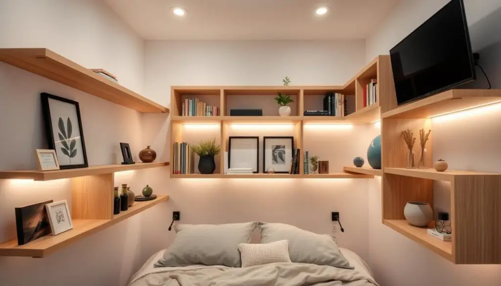 A neatly organized wall-mounted shelving system for a cozy, compact bedroom. The shelves are made of light-toned wood, with sleek, minimalist design that maximizes vertical storage space. Soft, diffused lighting from above casts a warm, inviting glow, creating an intimate, relaxing atmosphere. The shelves are arranged in a symmetrical, balanced layout, holding a curated selection of decorative items, books, and personal mementos. The overall composition exudes a sense of order and tranquility, perfectly suited for a tiny sleeping space that feels open and airy. A neatly organized wall-mounted shelving system for a cozy, compact bedroom. The shelves are made of light-toned wood, with sleek, minimalist design that maximizes vertical storage space. Soft, diffused lighting from above casts a warm, inviting glow, creating an intimate, relaxing atmosphere. The shelves are arranged in a symmetrical, balanced layout, holding a curated selection of decorative items, books, and personal mementos. The overall composition exudes a sense of order and tranquility, perfectly suited for a tiny sleeping space that feels open and airy.