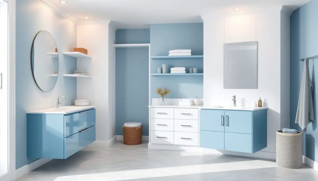 A pristine blue and white bathroom, with sleek built-in storage solutions lining the walls. Elegant floating shelves, crisp white cabinets, and a freestanding vanity unit in a soothing blue hue. Soft, diffused lighting casts a warm glow, highlighting the clean lines and minimalist design. The space exudes a sense of tranquility and organization, with carefully curated decor elements complementing the serene color palette. A spacious, well-designed bathroom that effortlessly blends form and function. A pristine blue and white bathroom, with sleek built-in storage solutions lining the walls. Elegant floating shelves, crisp white cabinets, and a freestanding vanity unit in a soothing blue hue. Soft, diffused lighting casts a warm glow, highlighting the clean lines and minimalist design. The space exudes a sense of tranquility and organization, with carefully curated decor elements complementing the serene color palette. A spacious, well-designed bathroom that effortlessly blends form and function.