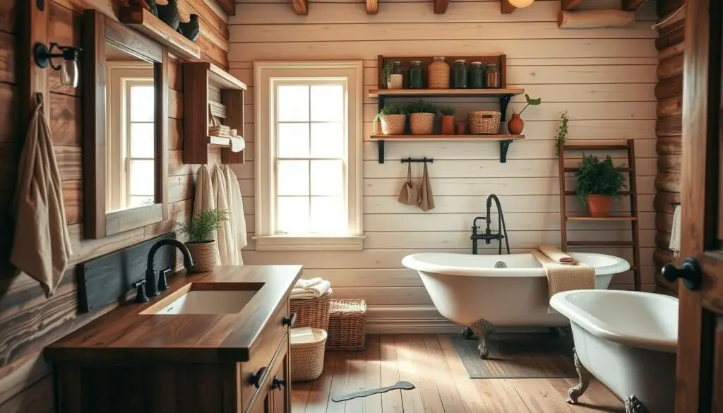 A rustic bathroom adorned with natural textures and earthy tones. The foreground features a wooden vanity with a farmhouse-style sink and fixtures, complemented by a vintage mirror and wall-mounted towel hooks. The middle ground showcases a distressed wooden shelving unit displaying mason jars, woven baskets, and potted plants. In the background, shiplap-clad walls and a claw-foot tub create a cozy, cabin-inspired ambiance. Warm, soft lighting casts a gentle glow, evoking a tranquil, countryside atmosphere. The scene is captured through a wide-angle lens, showcasing the cohesive, harmonious rustic decor.