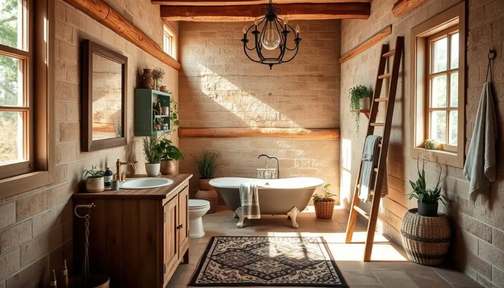 A rustic bathroom with warm wooden accents, natural stone tiles, and vintage-inspired fixtures. Sunlight streams through a large window, casting a soft glow over the space. A wooden vanity with a worn, distressed finish stands in the foreground, complemented by a simple, rectangular mirror above. In the middle ground, a clawfoot tub sits atop a patterned area rug, adding a touch of old-world charm. Hanging from the ceiling, a wrought-iron chandelier casts a gentle, ambient light. Potted plants and woven baskets add organic elements, while a wooden ladder leans against the wall, serving as a towel rack. The overall atmosphere evokes a sense of cozy, functional simplicity.