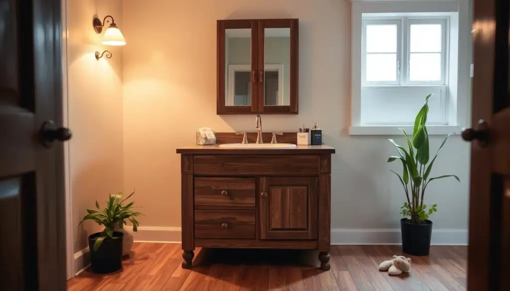 A rustic, repurposed bathroom vanity crafted from reclaimed wood, standing in a cozy, well-lit bathroom. The vanity features two drawers and a mirrored cabinet, providing ample storage space. Warm, directional lighting from a pair of wall sconces casts a soft glow, creating a inviting atmosphere. The hardwood floor is a rich, natural tone, complementing the repurposed vanity. Potted plants and a few decorative accents add a touch of greenery and personality to the space. The overall scene conveys a sense of functionality, character, and budget-friendly style. A rustic, repurposed bathroom vanity crafted from reclaimed wood, standing in a cozy, well-lit bathroom. The vanity features two drawers and a mirrored cabinet, providing ample storage space. Warm, directional lighting from a pair of wall sconces casts a soft glow, creating a inviting atmosphere. The hardwood floor is a rich, natural tone, complementing the repurposed vanity. Potted plants and a few decorative accents add a touch of greenery and personality to the space. The overall scene conveys a sense of functionality, character, and budget-friendly style.