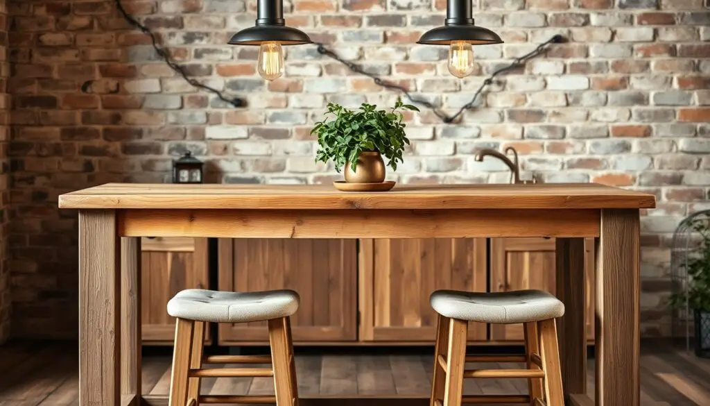 A rustic small kitchen island set against a warm, cozy backdrop. The island features a sturdy wooden top, with distressed, unfinished edges that add character. The frame is crafted from weathered, natural wood, lending an aged, farmhouse-inspired aesthetic. Vintage-style pendant lights hang overhead, casting a soft, ambient glow. The island is accompanied by a pair of matching, wooden stools with cushioned seats, inviting casual dining or casual conversation. The background showcases exposed brick walls, adding depth and texture to the scene. A potted plant or fresh herbs on the island's surface complete the charming, lived-in feel of this rustic small kitchen space.