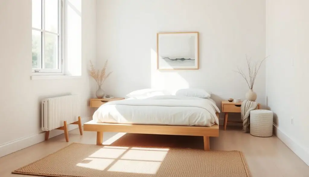 A serene and uncluttered minimalist small bedroom. The space is bathed in soft, natural light from a large window, casting a warm glow on the clean-lined, Scandinavian-inspired furniture. A low-profile platform bed with crisp, white bedding takes center stage, flanked by simple nightstands. The walls are adorned with a single, abstract artwork, complementing the muted color palette. Subtle textures, such as a woven rug and a knit throw, add visual interest without distracting from the overall sense of tranquility. The room exudes a calming, meditative atmosphere, perfectly embodying the essence of a clutter-free, minimalist design.