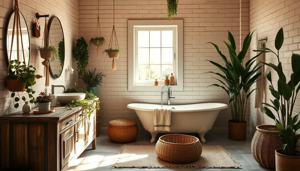 A serene bathroom sanctuary, bathed in warm natural light filtering through a large window. The focal point is a rustic wooden vanity, its weathered surface accentuated by trailing ivy and potted succulents. Sleek subway tiles line the walls, their neutral hue complementing the earthy color palette. Hanging macrame plant holders and a large woven basket add texture, while a plush area rug grounds the space. The claw-foot tub, nestled in the corner, is flanked by tall potted plants, creating a lush, spa-like atmosphere. Soft, diffused lighting casts a gentle glow, heightening the calming, nature-inspired ambiance.