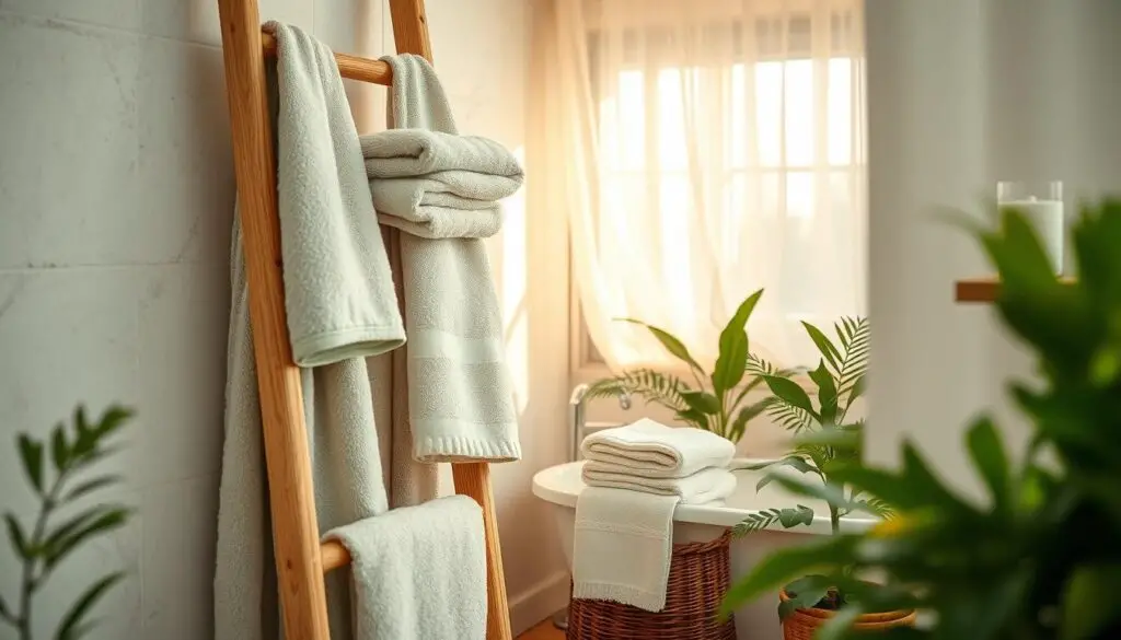 A serene bathroom sanctuary filled with plush spa-inspired textiles. Soft, fluffy towels in soothing hues of sage and ivory drape elegantly over a wooden ladder. Delicate linen washcloths and hand towels are neatly folded, radiating a sense of tranquility. A sheer, gauzy curtain billows gently, catching the warm glow of natural light filtering through the window. Lush potted greenery and a calming color palette of earthy tones create a calming, restorative atmosphere. The scene is captured with a shallow depth of field, drawing the viewer's focus to the inviting, spa-like textiles that evoke a feeling of ultimate relaxation. A serene bathroom sanctuary filled with plush spa-inspired textiles. Soft, fluffy towels in soothing hues of sage and ivory drape elegantly over a wooden ladder. Delicate linen washcloths and hand towels are neatly folded, radiating a sense of tranquility. A sheer, gauzy curtain billows gently, catching the warm glow of natural light filtering through the window. Lush potted greenery and a calming color palette of earthy tones create a calming, restorative atmosphere. The scene is captured with a shallow depth of field, drawing the viewer's focus to the inviting, spa-like textiles that evoke a feeling of ultimate relaxation.