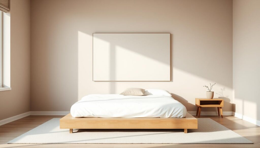 A serene, minimalist bedroom with clean lines and a muted color palette. In the foreground, a low-profile platform bed with crisp white bedding and a single throw pillow. On the wall behind, a large frameless mirror reflects the tranquil scene. To the side, a simple wooden nightstand with a single potted plant. The room is bathed in soft, natural light from a large window, creating a calming, meditative atmosphere. The walls are painted in a subtle, earthy tone, complementing the wooden accents. The overall effect is one of understated elegance and zen-like simplicity.