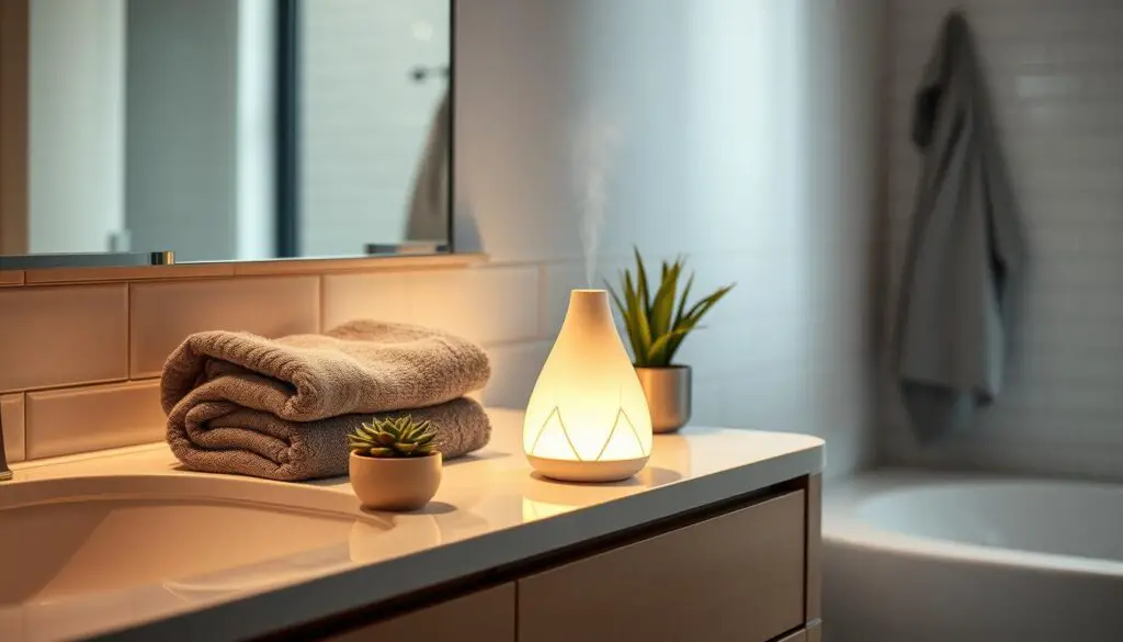 A serene, spa-like bathroom with a sleek, modern essential oil diffuser on the vanity counter. The diffuser is made of white ceramic with simple geometric lines, casting a soft, warm glow that fills the room. Plush, gray towels and a potted succulent plant add natural, calming elements. Gentle side lighting creates a cozy, inviting atmosphere, while the tile floor and subway tile walls reflect a clean, minimalist aesthetic. The scene evokes a sense of tranquility and relaxation, perfect for enjoying the soothing aromas of essential oils. A serene, spa-like bathroom with a sleek, modern essential oil diffuser on the vanity counter. The diffuser is made of white ceramic with simple geometric lines, casting a soft, warm glow that fills the room. Plush, gray towels and a potted succulent plant add natural, calming elements. Gentle side lighting creates a cozy, inviting atmosphere, while the tile floor and subway tile walls reflect a clean, minimalist aesthetic. The scene evokes a sense of tranquility and relaxation, perfect for enjoying the soothing aromas of essential oils.