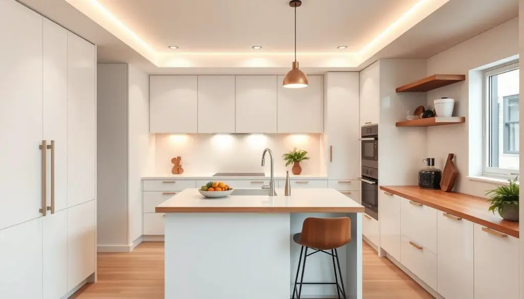 A sleek and modern compact kitchen with a stylish kitchen island. The design features clean white cabinetry and minimalist hardware, creating a bright and airy atmosphere. The island serves as a multi-functional centerpiece, providing ample counter space for meal prep, casual dining, and storage. Warm wooden accents on the island and floating shelves add a touch of natural elegance. Soft, diffused lighting from recessed ceiling fixtures and pendant lamps above the island casts a warm glow, enhancing the cozy ambiance. The layout optimizes every inch, seamlessly blending form and function in this small yet highly efficient kitchen design. A sleek and modern compact kitchen with a stylish kitchen island. The design features clean white cabinetry and minimalist hardware, creating a bright and airy atmosphere. The island serves as a multi-functional centerpiece, providing ample counter space for meal prep, casual dining, and storage. Warm wooden accents on the island and floating shelves add a touch of natural elegance. Soft, diffused lighting from recessed ceiling fixtures and pendant lamps above the island casts a warm glow, enhancing the cozy ambiance. The layout optimizes every inch, seamlessly blending form and function in this small yet highly efficient kitchen design.