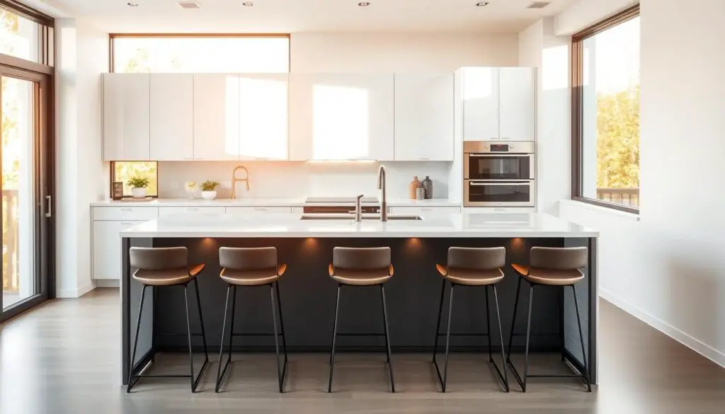 A sleek and modern small kitchen island with a minimalist design. The island features a clean, white quartz or marble countertop with a waterfall edge, supported by a sturdy, matte black metal frame. Integrated into the island is a row of comfortable bar stools in a complementary tone, creating a casual dining or workspace area. The kitchen is bathed in warm, natural light from large windows, casting a soft glow on the polished surfaces. Discreet, recessed lighting fixtures are embedded in the island, adding a subtle ambient illumination. The overall aesthetic is elegant, functional, and perfectly suited for a contemporary, small-scale kitchen space.
