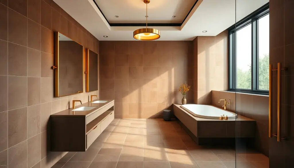 A sleek, modern bathroom with a harmonious color scheme of warm brown and luxurious gold accents. The spacious layout features a large vanity with a rectangular mirror framed in gleaming gold, complemented by matching faucets and hardware. The tile flooring and walls display a rich, earthy brown hue, creating a serene, spa-like ambiance. Overhead, a gold-trimmed pendant light casts a soft, ambient glow, while natural light filters in through a large window, illuminating the space. The overall impression is one of timeless elegance, where the brown and gold tones blend seamlessly to craft a refined, sophisticated atmosphere. A sleek, modern bathroom with a harmonious color scheme of warm brown and luxurious gold accents. The spacious layout features a large vanity with a rectangular mirror framed in gleaming gold, complemented by matching faucets and hardware. The tile flooring and walls display a rich, earthy brown hue, creating a serene, spa-like ambiance. Overhead, a gold-trimmed pendant light casts a soft, ambient glow, while natural light filters in through a large window, illuminating the space. The overall impression is one of timeless elegance, where the brown and gold tones blend seamlessly to craft a refined, sophisticated atmosphere.
