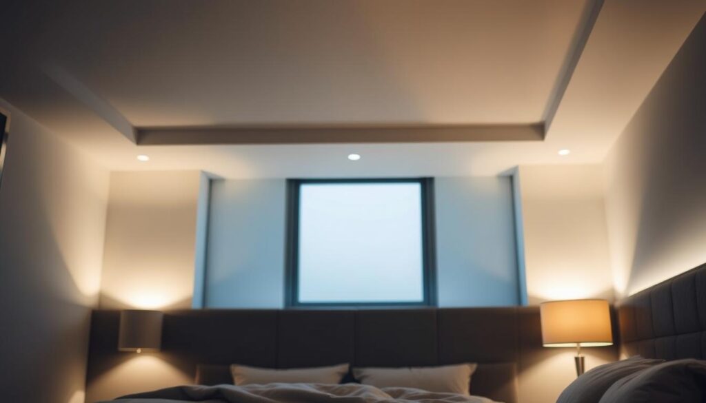 A sleek, modern bedroom with strategically placed smart lighting fixtures that create a warm, inviting ambiance. The foreground features a minimalist table lamp with a cylindrical shade, emitting a soft, diffused glow. In the middle ground, recessed ceiling lights, controlled by a smart home system, cast a gentle, even illumination throughout the room. The background showcases a large window, allowing natural light to filter in and complement the artificial lighting, creating a harmonious balance. The overall mood is one of relaxation and sophistication, perfect for a cozy, intimate setting.