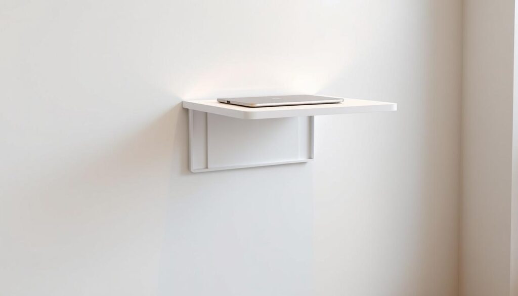 A sleek, modern wall-mounted folding table with a smooth, minimalist design. The table has a matte white finish, floating seamlessly against a light gray wall. Soft, warm lighting casts a gentle glow, highlighting the clean lines and compact silhouette. The table's surface is just large enough for a laptop or a few small items, making it a practical and space-saving solution for a small kitchen. The scene is captured from a slightly elevated angle, showcasing the table's elegant, space-conscious form in a serene, minimalist environment.
